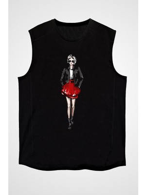 Darkhane Tarz Kız Kırmızı Etek Siyah Unisex Kolsuz Tişört Kesik Kol T-Shirt