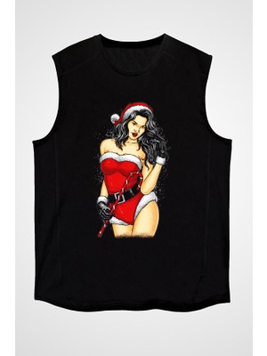 Darkhane Yılbaşı Yeni Yıl Noel Anne Siyah Unisex Kolsuz Tişört Kesik Kol T-Shirt