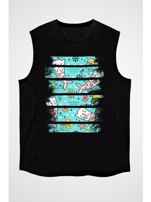 Darkhane Deniz Kızı Kedi Siyah Unisex Kolsuz Tişört Kesik Kol T-Shirt
