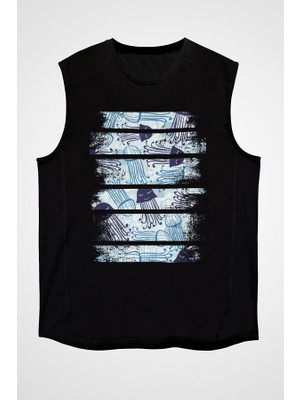 Darkhane Mavi Deniz Anası Siyah Unisex Kolsuz Tişört Kesik Kol T-Shirt