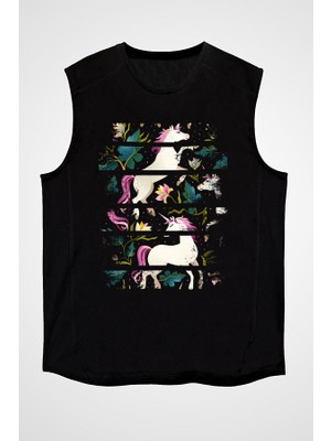 Darkhane Unicorn Siyah Unisex Kolsuz Tişört Kesik Kol T-Shirt