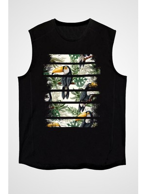 Darkhane Tropikal Papağan Siyah Unisex Kolsuz Tişört Kesik Kol T-Shirt