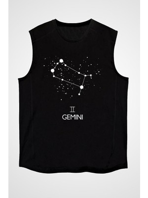 Darkhane Ikizler Burcu Siyah Unisex Kolsuz Tişört Kesik Kol T-Shirt