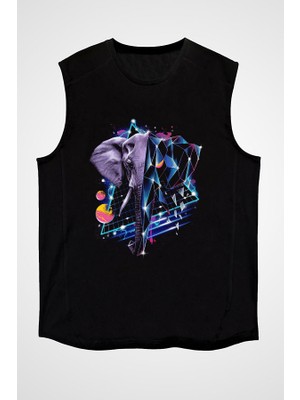 Darkhane Tasarım Fil Siyah Unisex Kolsuz Tişört Kesik Kol T-Shirt