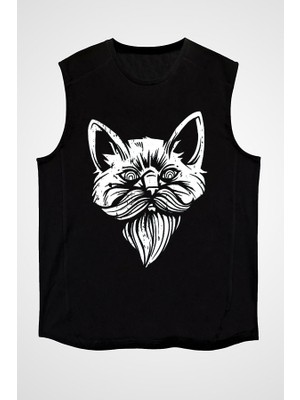 Darkhane Entellektüel Kedi Siyah Unisex Kolsuz Tişört Kesik Kol T-Shirt