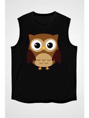 Darkhane Şirin Baykuş Siyah Unisex Kolsuz Tişört Kesik Kol T-Shirt