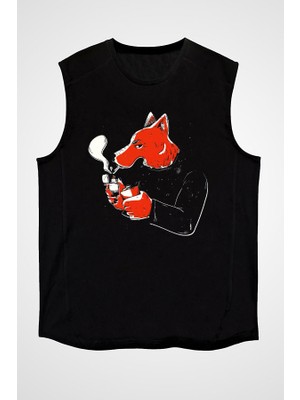 Darkhane Sigara Içen Tilki Siyah Unisex Kolsuz Tişört Kesik Kol T-Shirt