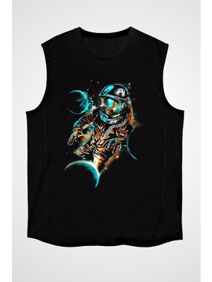 Darkhane Astronot ve Gezegenler Siyah Unisex Kolsuz Tişört Kesik Kol T-Shirt