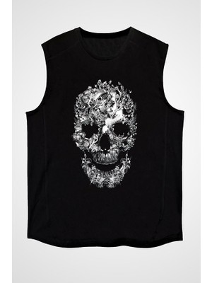 Darkhane Kelebekli Kurukafa Siyah Unisex Kolsuz Tişört Kesik Kol T-Shirt