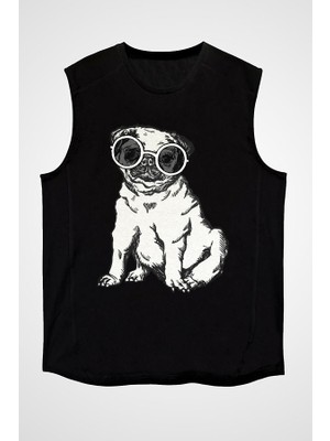 Darkhane Güneş Gözlüklü Pug - Köpekler Siyah Unisex Kolsuz Tişört Kesik Kol T-Shirt
