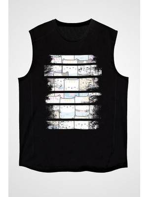 Darkhane Kare Kediler Siyah Unisex Kolsuz Tişört Kesik Kol T-Shirt