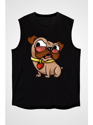 Darkhane Sinirli Şeker Pug Siyah Unisex Kolsuz Tişört Kesik Kol T-Shirt