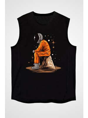 Darkhane Marsta Bekleyen Astronot Siyah Unisex Kolsuz Tişört Kesik Kol T-Shirt