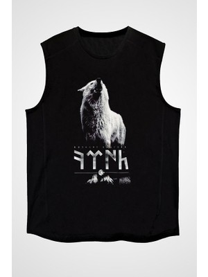 Darkhane Göktürk Uluyan Kurt Siyah Unisex Kolsuz Tişört Kesik Kol T-Shirt