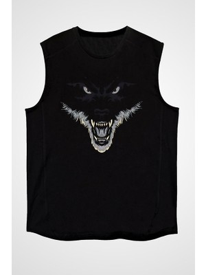 Darkhane Kızgın Kurt Siyah Unisex Kolsuz Tişört Kesik Kol T-Shirt
