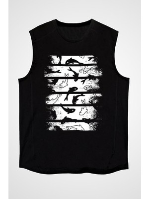Darkhane Yunus Balığı Siyah Unisex Kolsuz Tişört Kesik Kol T-Shirt