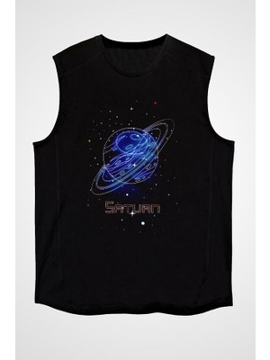 Darkhane Satürn Çizim Siyah Unisex Kolsuz Tişört Kesik Kol T-Shirt
