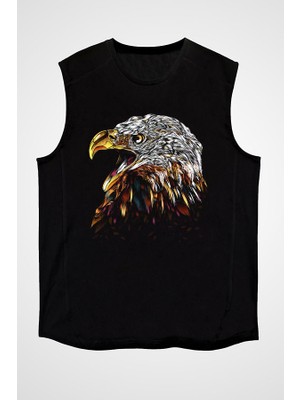 Darkhane Renkli Kartal Siyah Unisex Kolsuz Tişört Kesik Kol T-Shirt