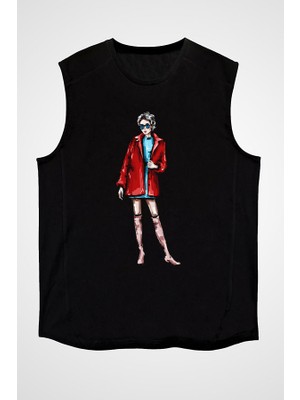 Darkhane Tarz Kız Kırmızı Ceket Siyah Unisex Kolsuz Tişört Kesik Kol T-Shirt