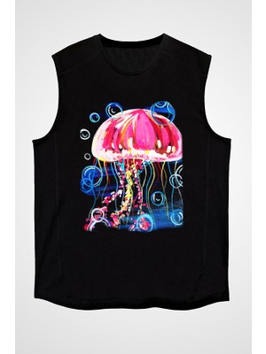 Darkhane Deniz Canlıları Siyah Unisex Kolsuz Tişört Kesik Kol T-Shirt