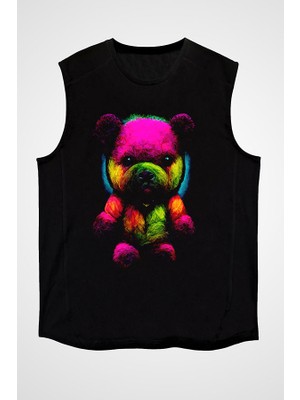 Darkhane Renkli Ayıcık Siyah Unisex Kolsuz Tişört Kesik Kol T-Shirt