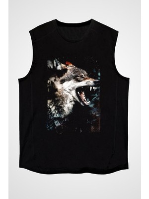 Darkhane Saldırgan Kurt Siyah Unisex Kolsuz Tişört Kesik Kol T-Shirt