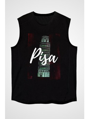Darkhane Pisa Kulesi Siyah Unisex Kolsuz Tişört Kesik Kol T-Shirt