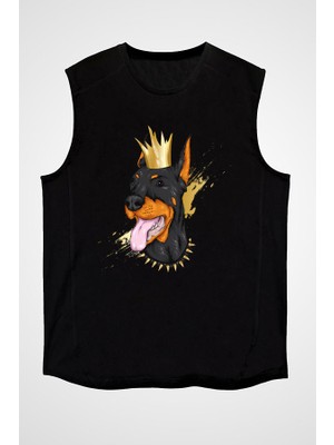 Darkhane Kral Köpek Doberman Siyah Unisex Kolsuz Tişört Kesik Kol T-Shirt