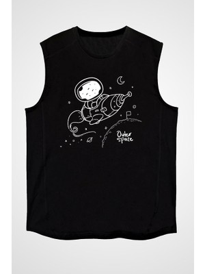 Darkhane Roket Süren Astronot Siyah Unisex Kolsuz Tişört Kesik Kol T-Shirt