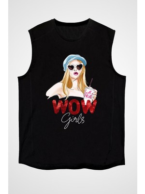 Darkhane Wow Girls Fashion Siyah Unisex Kolsuz Tişört Kesik Kol T-Shirt