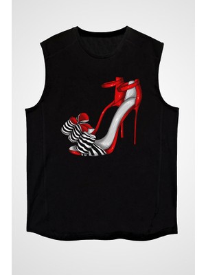 Darkhane Kırmızı Bantlı Ayakkabı Tarzı Fashion Siyah Unisex Kolsuz Tişört Kesik Kol T-Shirt