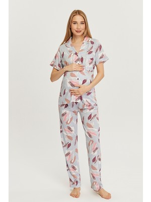 Likapa Penye Önden Düğmeli Hamile Lohusa Kısa Kol Pijama Takımı ,%100 Cotton