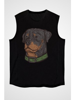 Darkhane Asil Köpek Rottweiler Siyah Unisex Kolsuz Tişört Kesik Kol T-Shirt