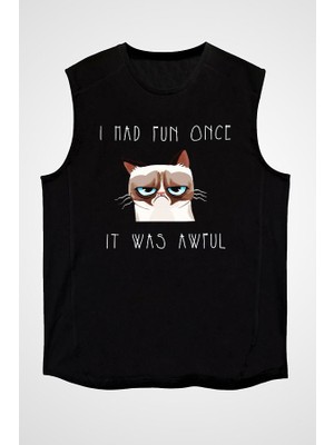 Darkhane Mutsuz Kedi Siyah Unisex Kolsuz Tişört Kesik Kol T-Shirt