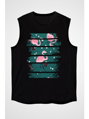 Darkhane Hindistan Cevizi ve Flamingo Siyah Unisex Kolsuz Tişört Kesik Kol T-Shirt
