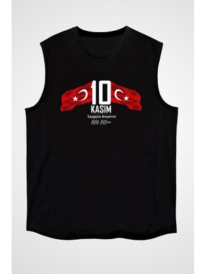 Darkhane 10 Kasım Atatürk'ü Anma Günü Siyah Unisex Kolsuz Tişört Kesik Kol T-Shirt
