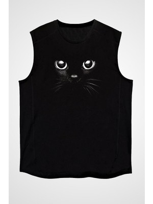 Darkhane Kara Kedi Siyah Unisex Kolsuz Tişört Kesik Kol T-Shirt