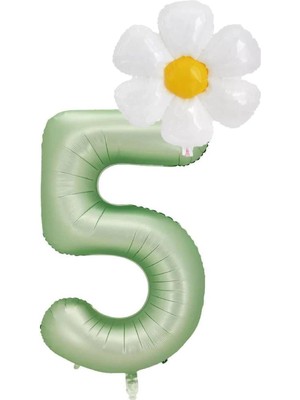 Best Parti 5 Yaş Su Yeşili Renk Rakam ve Papatya Folyo Balon Seti
