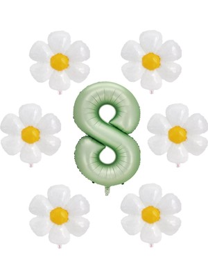 Best Parti Su Yeşili Renk Rakam ve 6 Adet Papatya Folyo Balon Seti Yaş 8