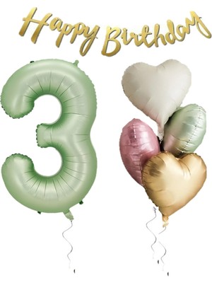Best Parti Su Yeşili Renk Rakam Kalp Balon Happy Bırthday Yazılı Doğum Günü Seti Yaş 3