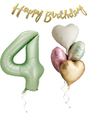 Best Parti Su Yeşili Renk Rakam Kalp Balon Happy Bırthday Yazılı Doğum Günü Seti Yaş 4