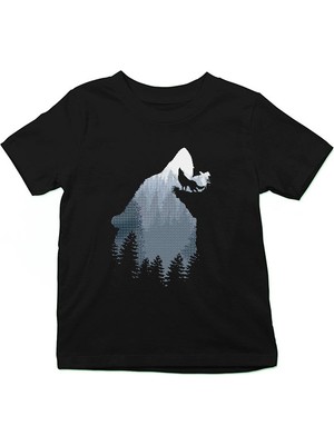 Darkhane Ormanda Uluyan Kurt Siyah Unisex Çocuk Tişört T-Shirt
