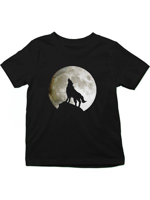 Darkhane Uluyan Kurt Siyah Unisex Çocuk Tişört T-Shirt