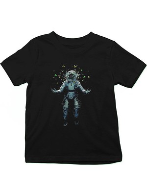 Darkhane Astronot ve Kelebekler Siyah Unisex Çocuk Tişört T-Shirt