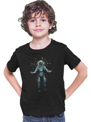 Darkhane Astronot ve Kelebekler Siyah Unisex Çocuk Tişört T-Shirt