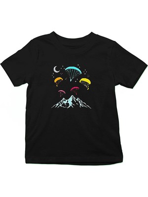 Darkhane Yamaç Paraşütü - Paragliding Siyah Unisex Çocuk Tişört T-Shirt