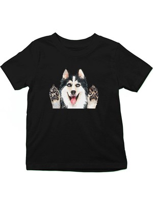 Darkhane Sibirya Kurdu Husky Haski Patileri Siyah Unisex Çocuk Tişört T-Shirt