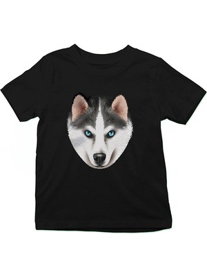 Darkhane Sibirya Kurdu Husky Haski Portresi Siyah Unisex Çocuk Tişört T-Shirt