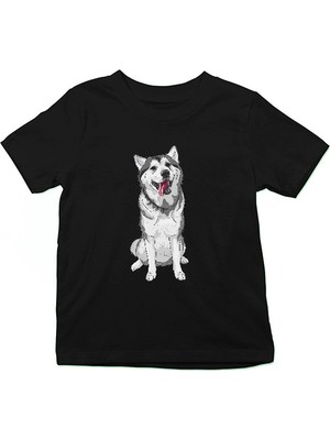 Darkhane Söz Dinleyen Sibirya Kurdu Husky Haski Siyah Unisex Çocuk Tişört T-Shirt