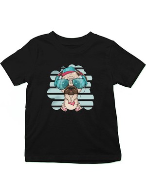 Darkhane Şirin Kulaklıklı Pug Siyah Unisex Çocuk Tişört T-Shirt